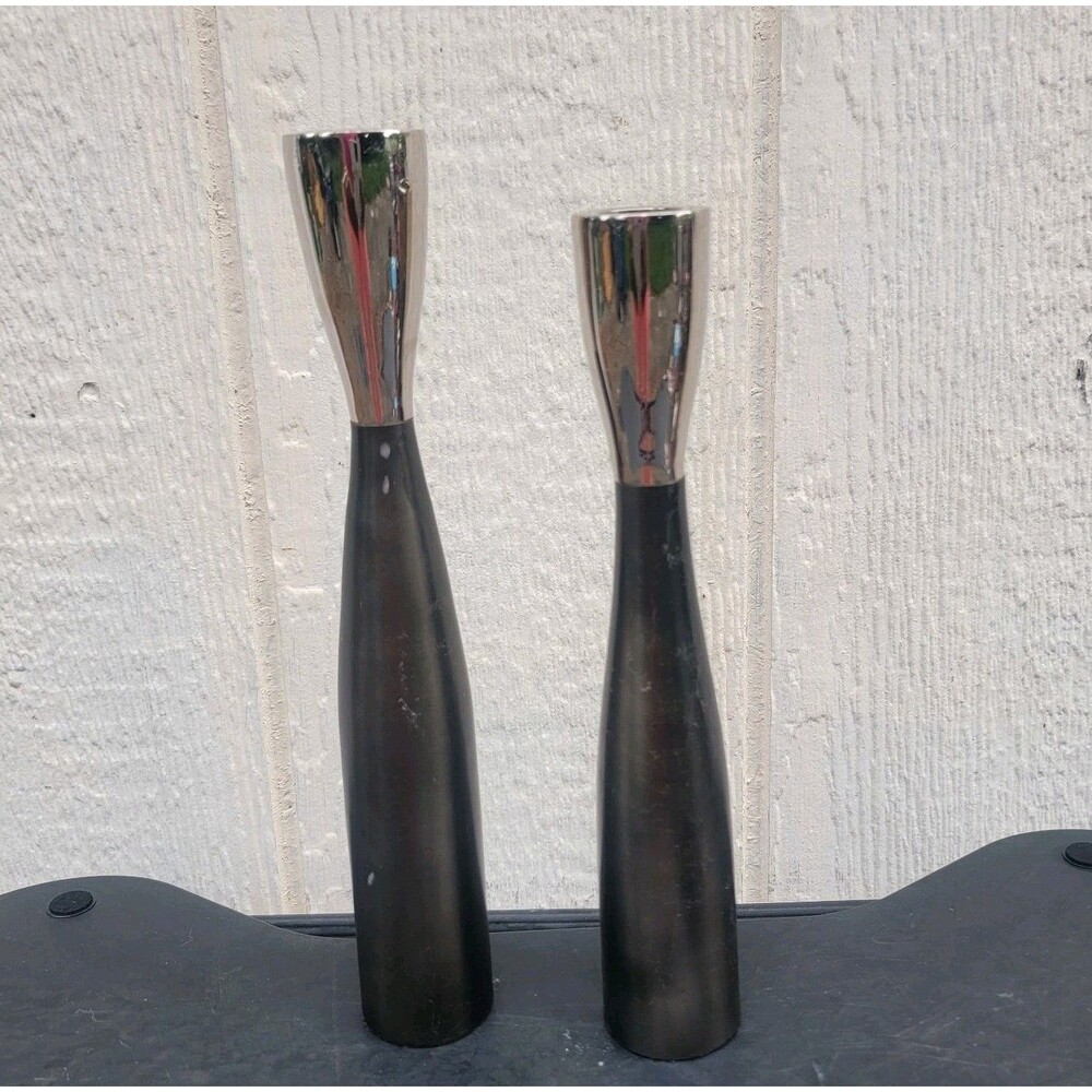Crate and Barrel set of 2 tapered candle holders 2 tone Gray & Blk